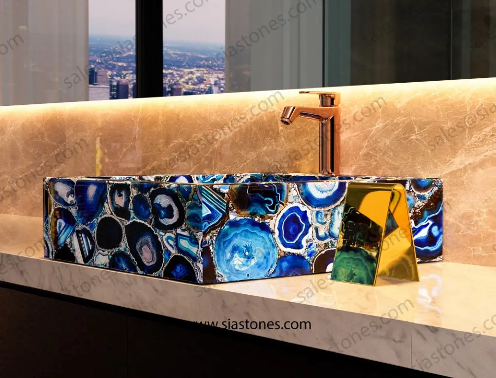 Blue Agate Square Sloped Wash Basin - Image 4