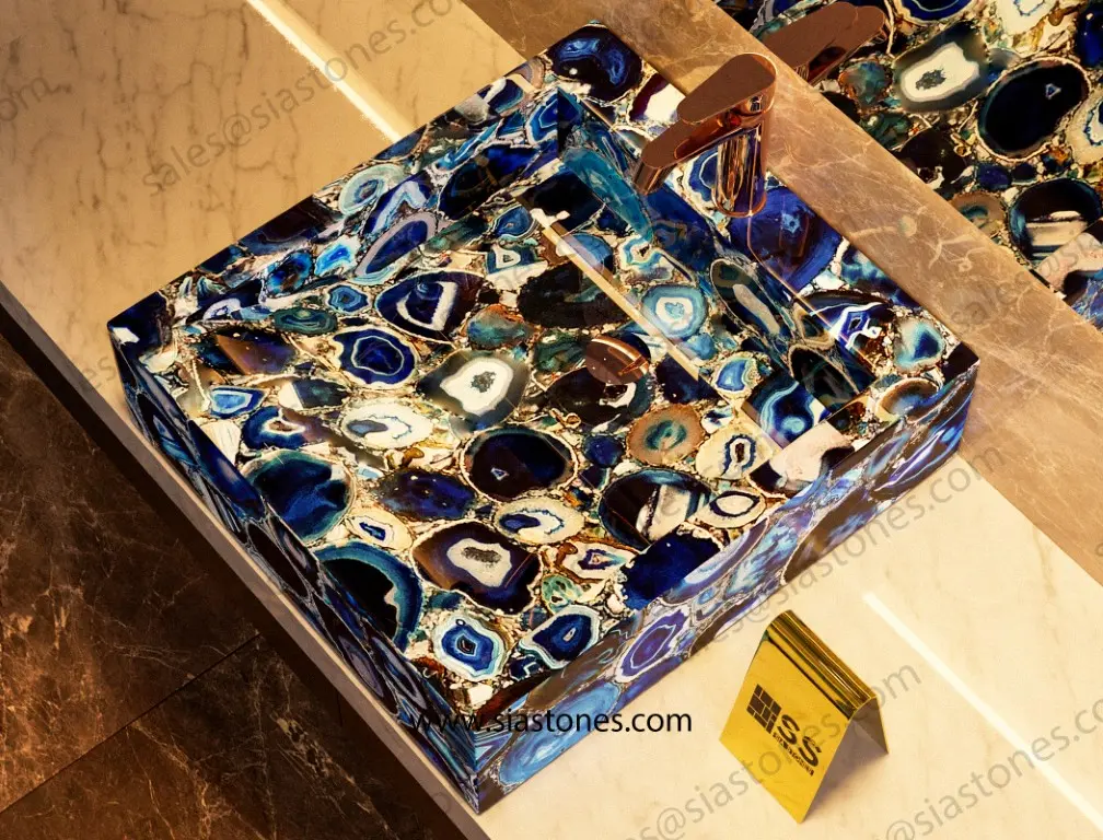 Blue Agate Square Sloped Wash Basin - Image 3