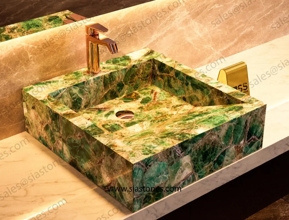 Emerald Green Fluorite Square Sloped Wash Basin