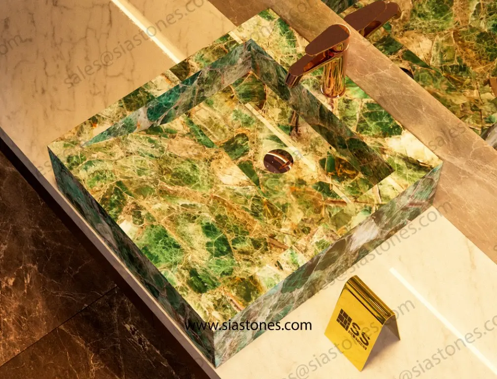 Emerald Green Fluorite Square Sloped Wash Basin - Image 3