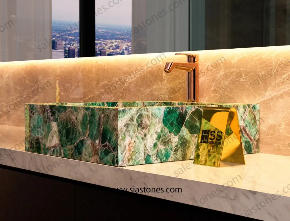 Emerald Green Fluorite Square Sloped Wash Basin - Image 2