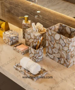 White Agate with Gold Fill Bath Accessories Set