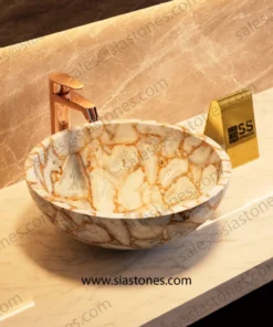 White Agate Golden Fill Round Wash Basin