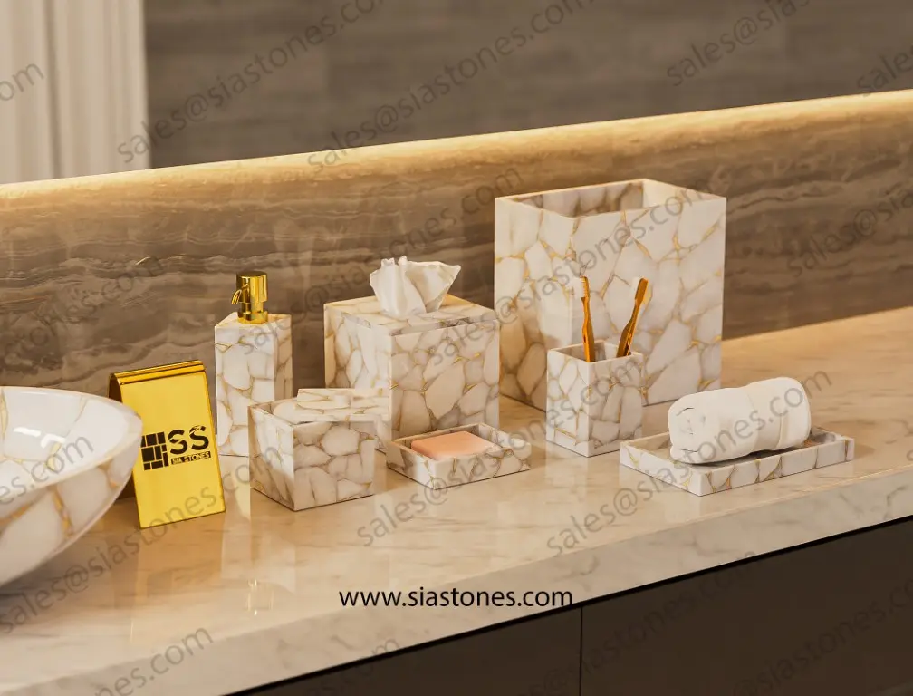 White Quartz with Gold Fill Bath Accessories Set - Image 2
