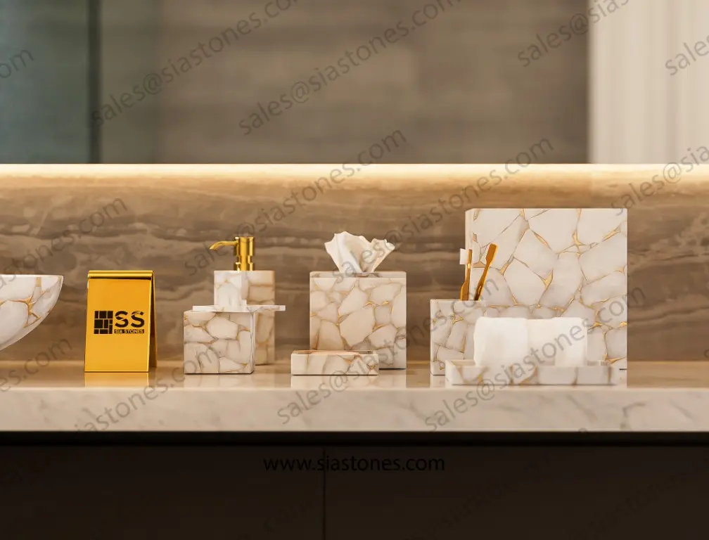 White Quartz with Gold Fill Bath Accessories Set - Image 4
