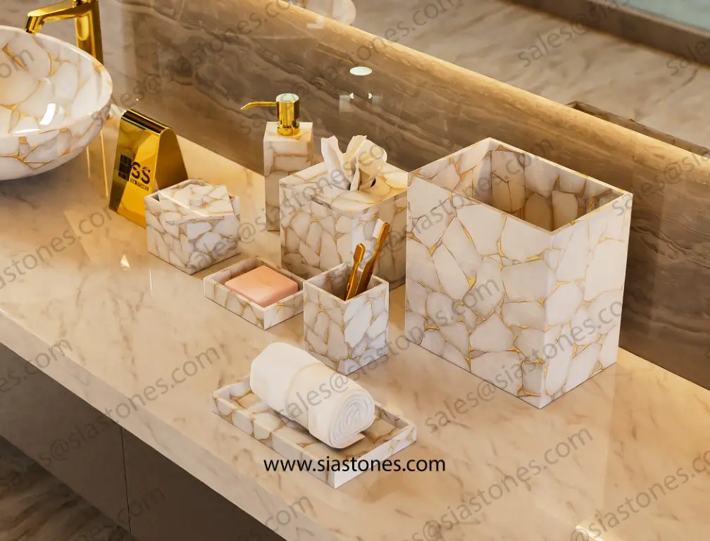 White Quartz with Gold Fill Bath Accessories Set
