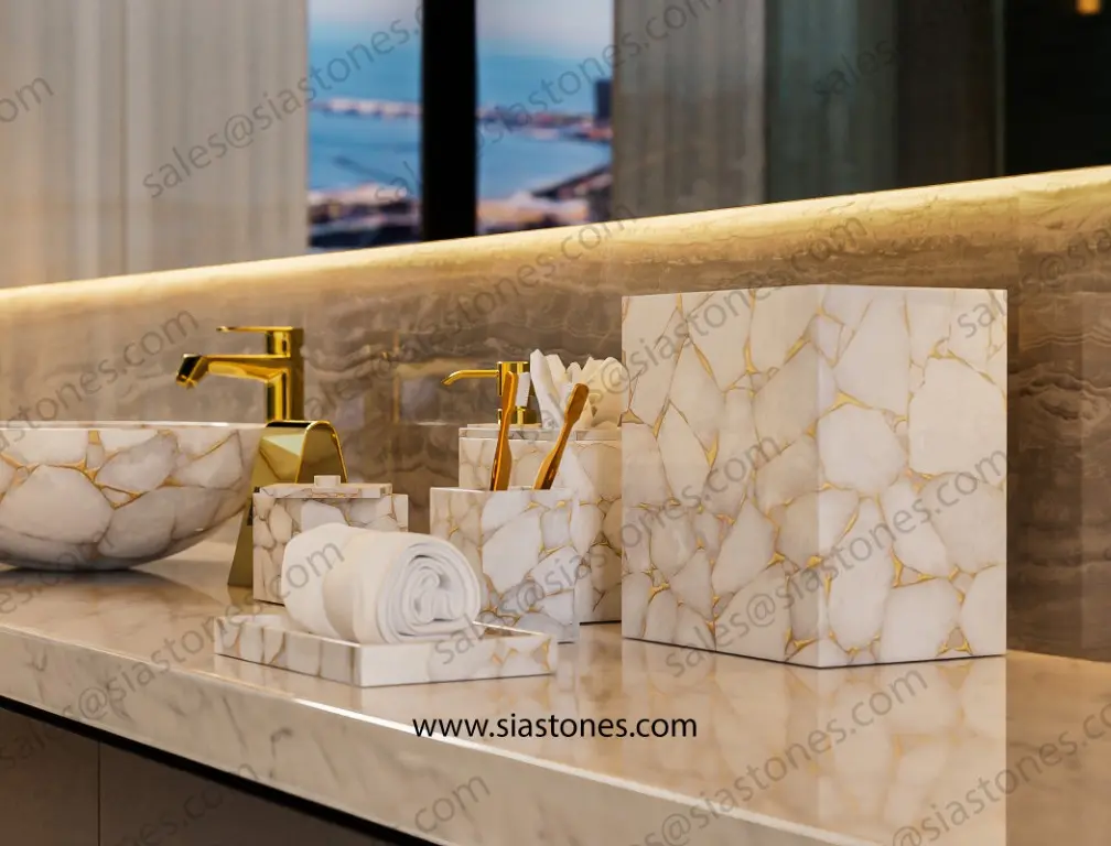 White Quartz with Gold Fill Bath Accessories Set - Image 3