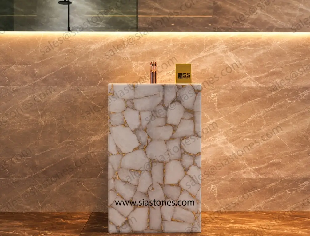 White Quartz Gold Fill Pedestal Sink - Image 4