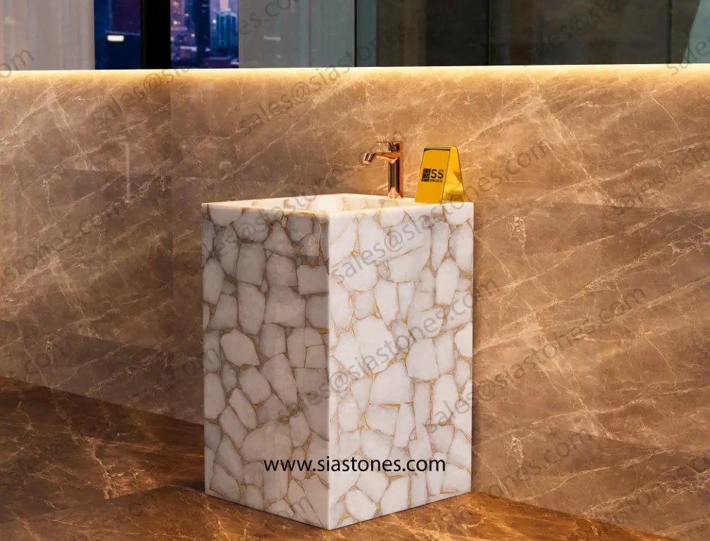 White Quartz Gold Fill Pedestal Sink - Image 3