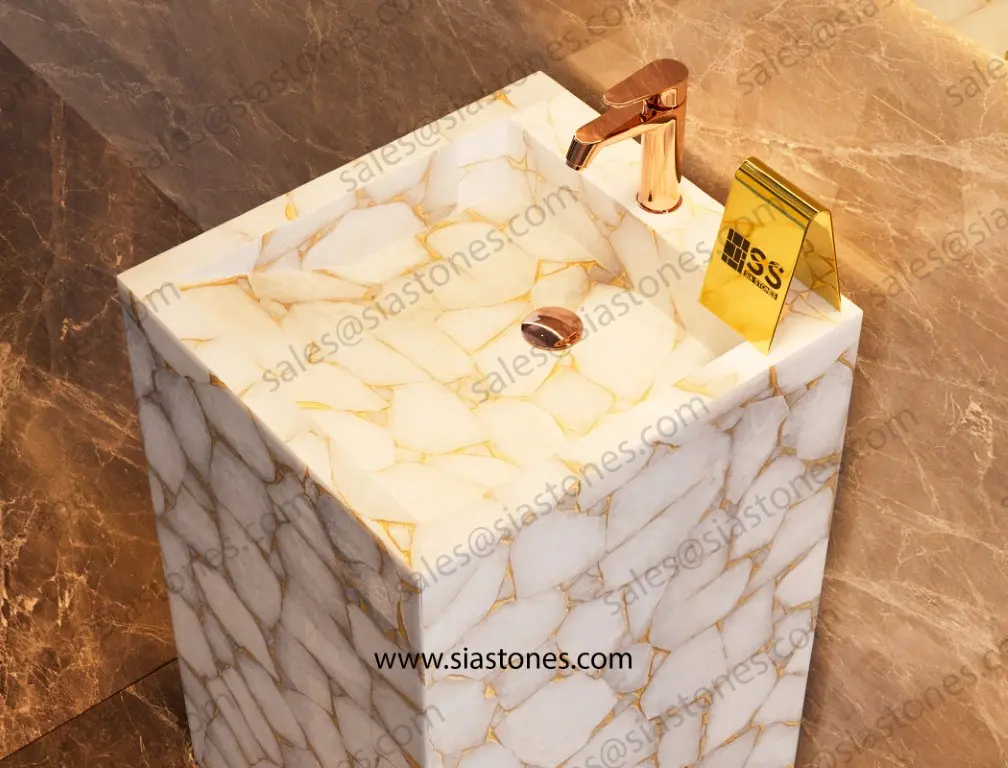 White Quartz Gold Fill Pedestal Sink