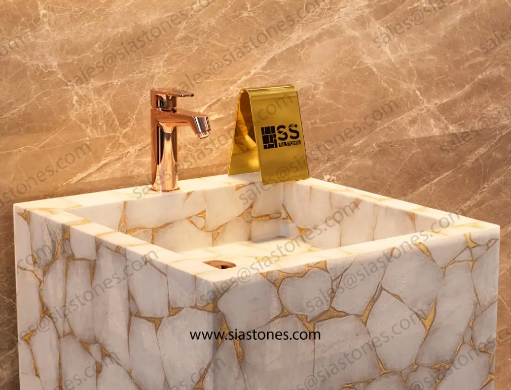 White Quartz Gold Fill Pedestal Sink - Image 2