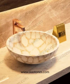 White Quartz Gold Fill Round Wash Basin