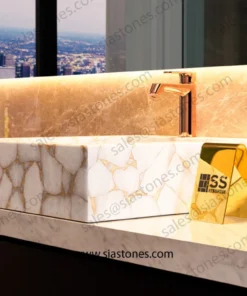 Alternative view of White Quartz Gold Fill Square Sloped Wash Basin