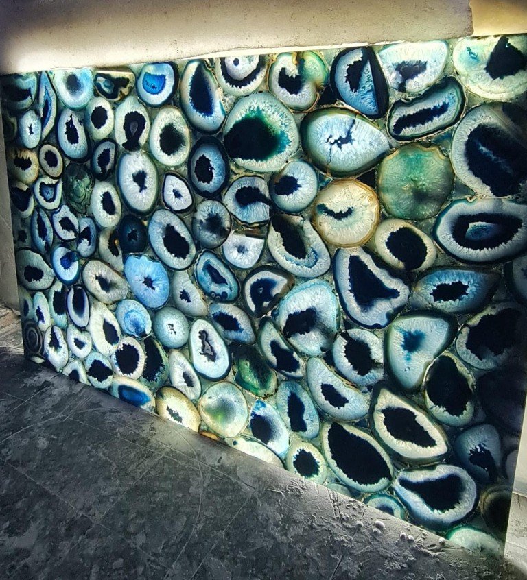 Translucent Blue Agate crystal geode slab lit from behind