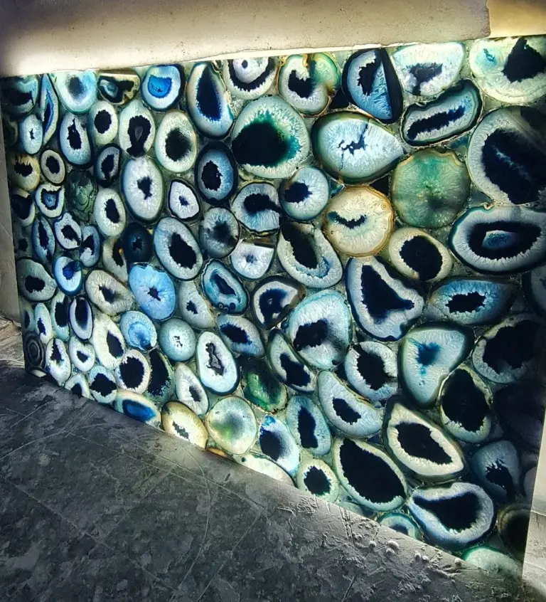 Translucent Blue Agate crystal geode slab lit from behind