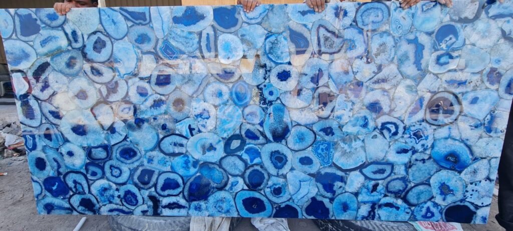 Natural Blue Agate semi-precious slab with blue geode banding