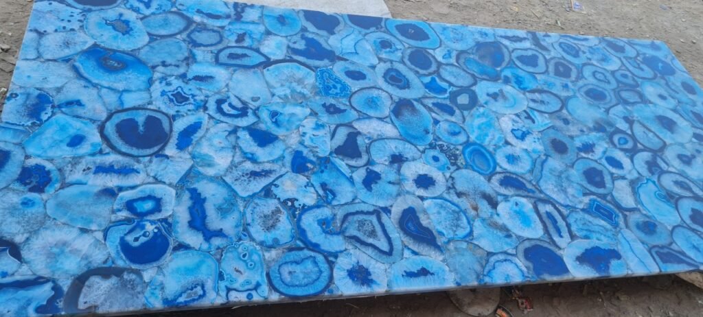 Close-up of natural Blue Agate geode banding and crystalline centers