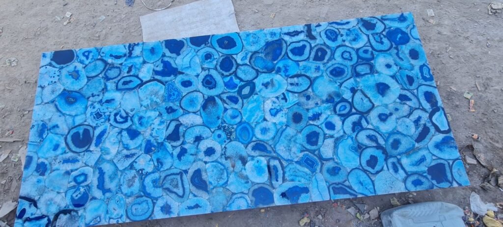 Backlit Blue Agate slab glowing under LED illumination